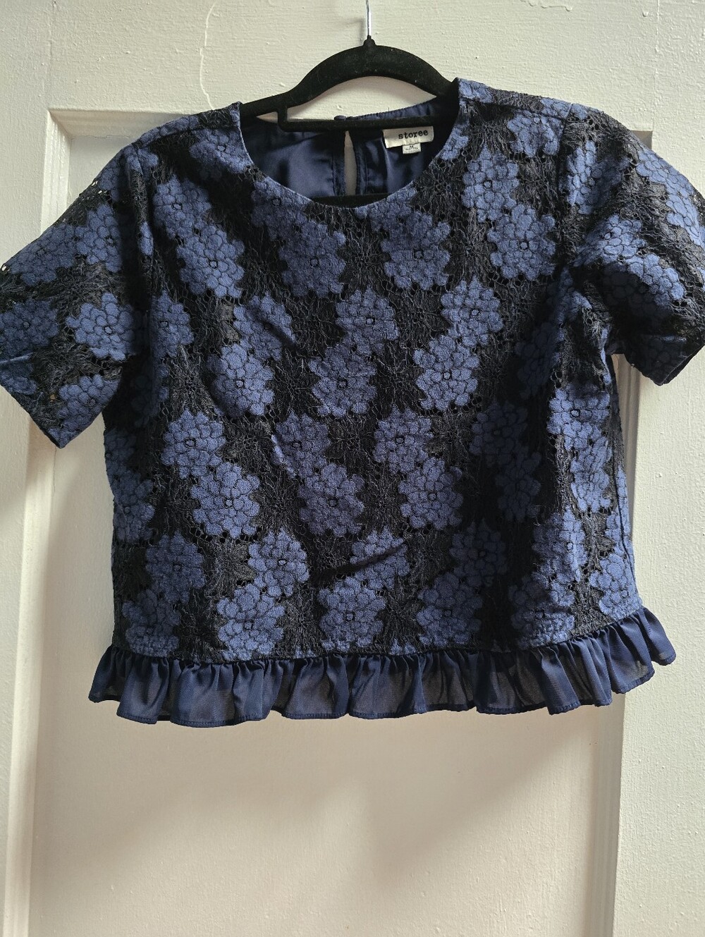 Storee Navy Blue Lace Floral Ruffle Hem Top